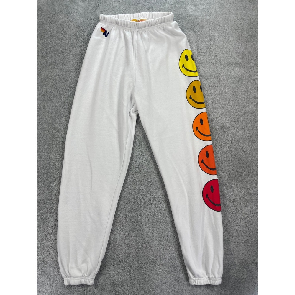 Aviator Nation Sweatpants Women Small White Smiley Face Joggers Rainbow Logo